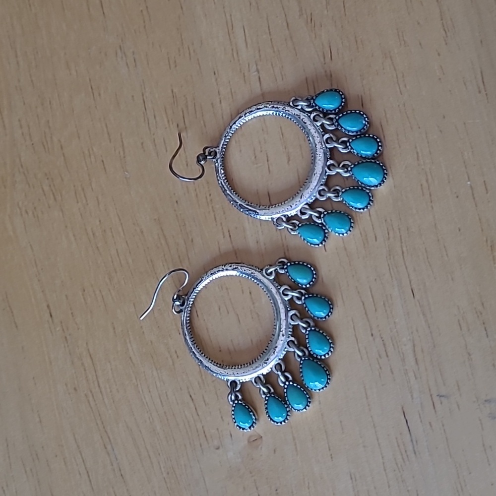 Turquoise Hoop Distressed Dangle Earrings 3/$20